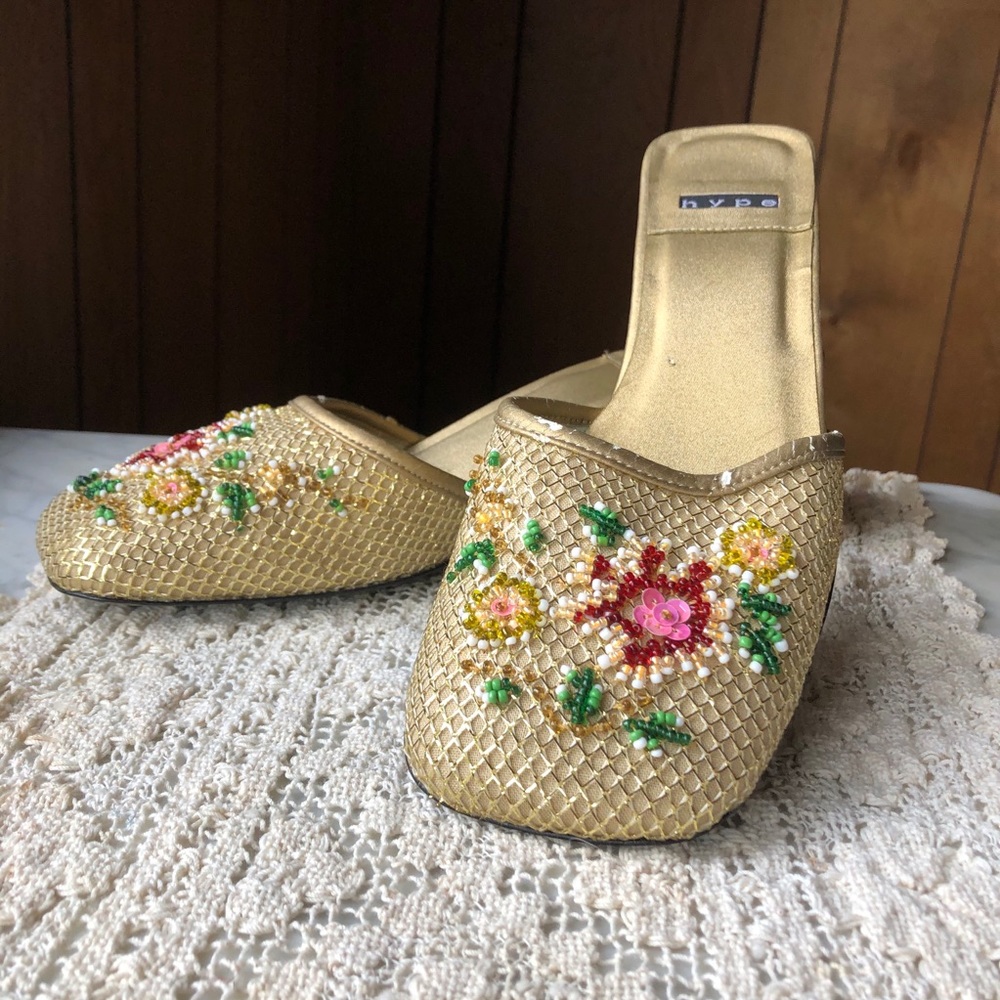 Gold HYPE Floral Beaded Slip On Heels